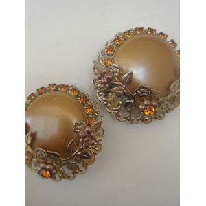 画像: bronze flower & rhinestone big earring